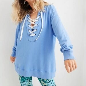 Aerie Lace-Up Oversized Sweatshirt in Blue – Women’s Size Large